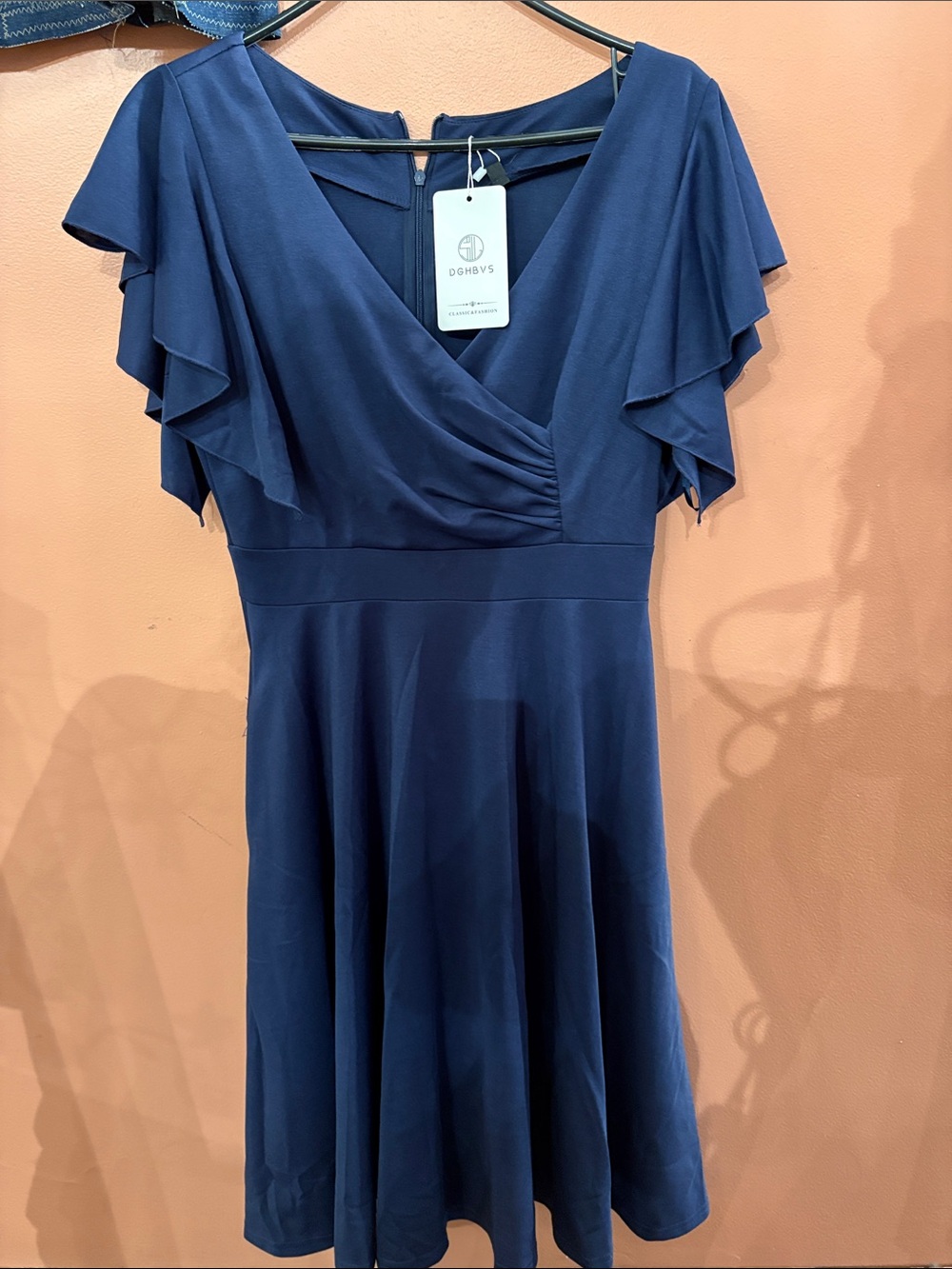 Deep Blue Flutter-Sleeve Wrap A-Line Dress by
